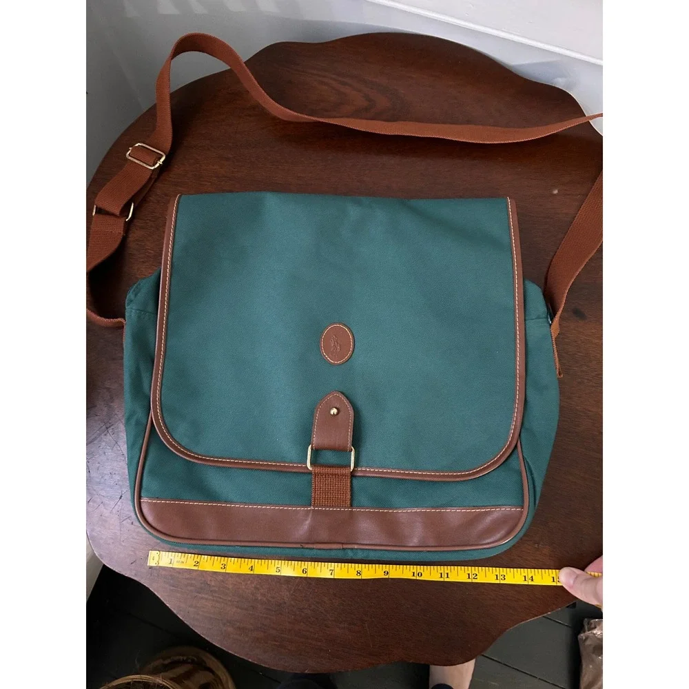 VTG Polo Ralph Lauren Messenger Bag Green Canvas Brown Trim Crossbody Laptop Bag